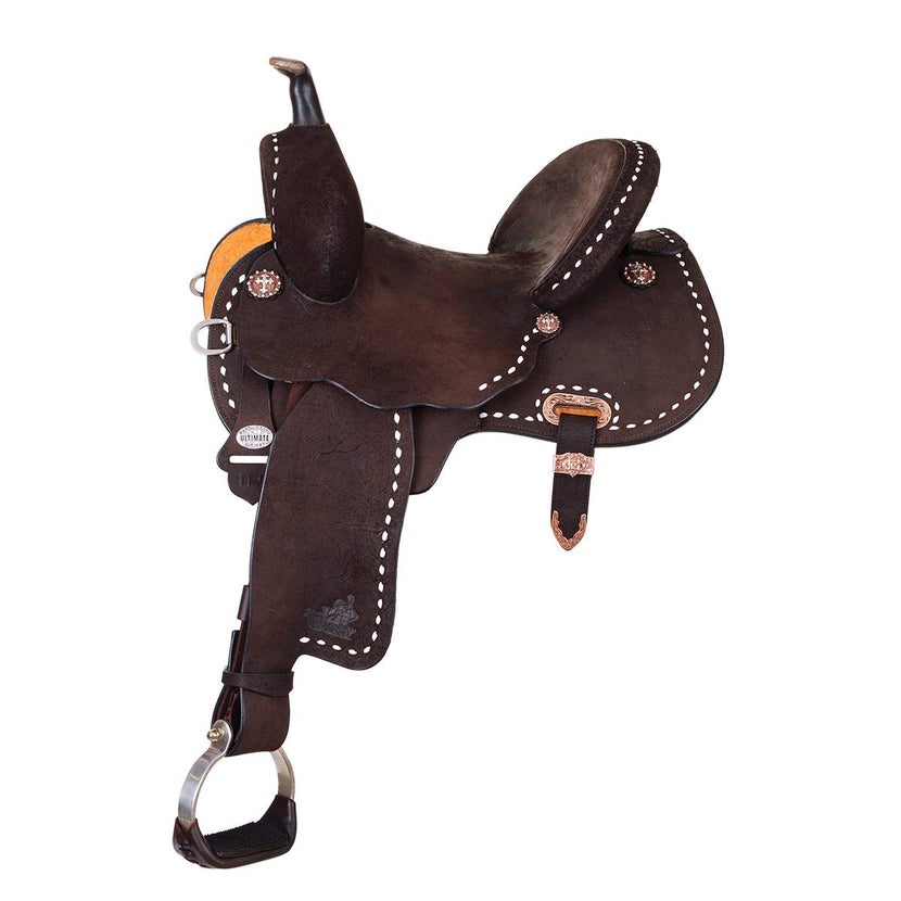 Barrel style saddle, dark brown suede with white stitching accent. 